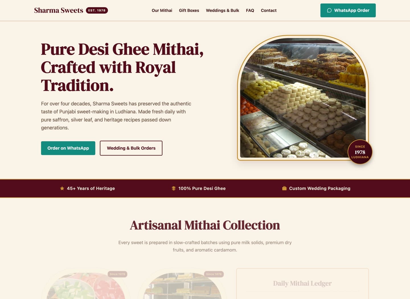 A generated mithai shop website: saffron and maroon hero reading 'Pure Desi Ghee Mithai, Crafted with Royal Tradition', with WhatsApp ordering and wedding-order buttons.